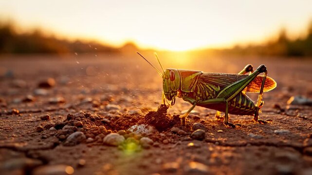 A colorful grasshopper explores the earthy ground as the sun sets in the background. The vibrant grasshopper and the warm sun create a tranquil scene in nature's setting.