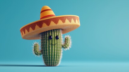 Cactus wearing a Mexican sombrero hat, holiday and festive concept on isolated blue background