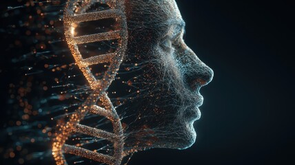 Digital human head with DNA. Concept of evolution of human DNA with artificial intellect technology