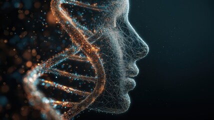 Digital human head with DNA. Concept of evolution of human DNA with artificial intellect technology