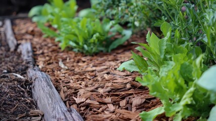 Garden beds with vegetables covered with mulch