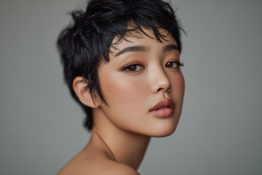 An asian woman with a short hairstyle is photographed in a bright studio with clean backgrounds, showing beauty skin tones and clear lighting setups.