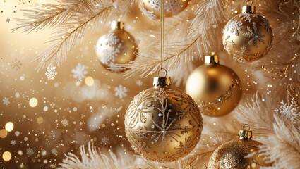 Christmass gold background with xmas ball decorations, stars, snowflakes and copy space
