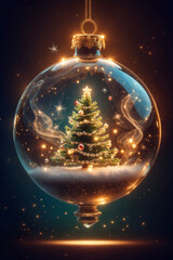 Christmas ball with christmas tree and scene, romantic surreal xmass background
