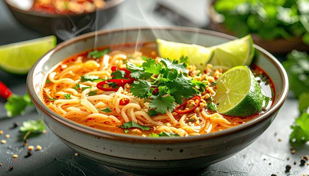 A close-up shot of a steaming bowl of spicy noodle soup, garnished with fresh cilantro, sliced red chili peppers, and lime wedges. - Powered by Adobe