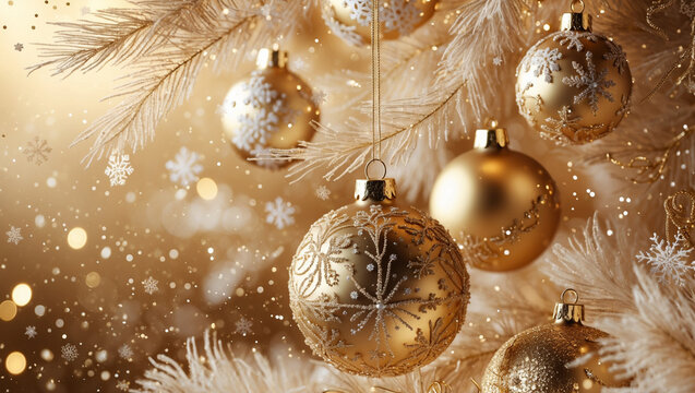 Christmass gold background with xmas ball decorations, stars, snowflakes and copy space