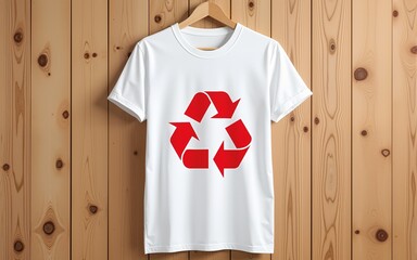 White t-shirt with red recycling symbol hanging against wooden wall. Sustainable fashion concept with eco-friendly garment displaying environmental awareness message with copy space. High quality