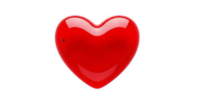 Glossy red heart symbol with reflections isolated on transparent background