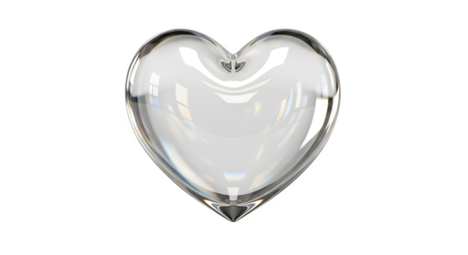 Clear glass heart shape isolated on transparent background for romantic design elements
