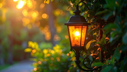 Ornate black lantern with warm light surrounded by lush green foliage in a sun-dappled setting