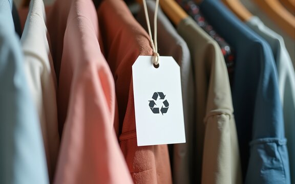 Eco clothing tag with recycle fabric symbol on clothes hanger for sustainable fashion. High quality