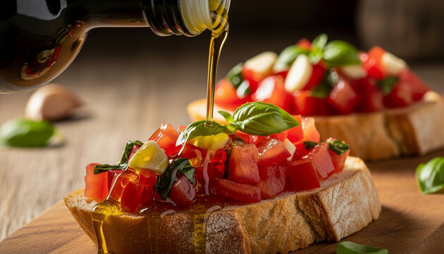 Rich golden olive oil pouring onto rustic Italian bruschetta. Soft warm shadows and authentic Mediterranean mood create a premium gourmet culinary scene ideal for food marketing.