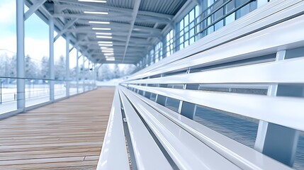 Modern Interior with Polished White Wood Seating and Racks in Blurred Background
