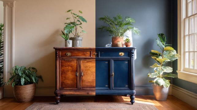 Vintage cabinet restored from worn wood to modern blue finish in home interior