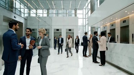 Busy multi ethnic group of business people walking and talking in a modern corporate building lobby with elevators and a reception desk, embodying a dynamic and professional work environment