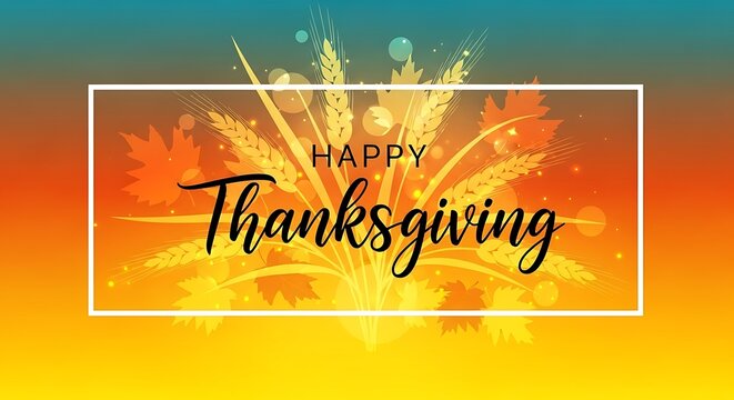 Happy Thanksgiving Banner with Wheat and Maple Leaves Illustration