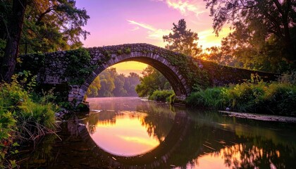 An old stone arch bridge covered in ivy spans a tranquil river reflecting the colorful hues of a sunrise.