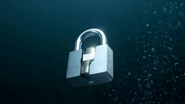 Heavy steel padlock suspended underwater with floating particles, highlighting security strength and metallic detail in a deep blue aquatic scene