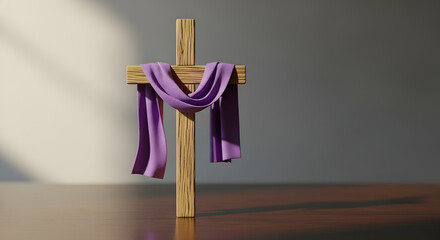 Wooden cross draped with purple fabric, symbolizing Lent and solemn reflection