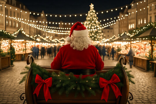 Santa claus enjoying a christmas market at night with festive lights and holiday decor in winter wonderland scene