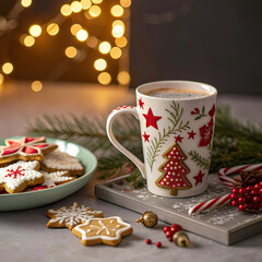 Cozy Holiday Coffee Mug with Christmas Cookies and Festive Fairy Lights