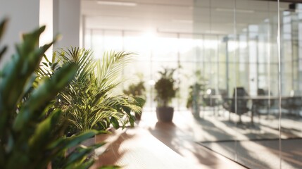 Modern Bright Office Interior with Green Plants. Blurry office space. Modern workspace design. Glass walls, blurred furniture, plants. Natural light, commercial building, business concept, indoor.