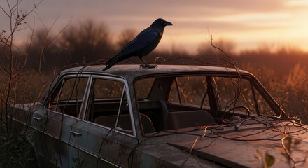 Obraz premium Dark bird rests upon the roof of a derelict automobile abandoned in a field at sunset