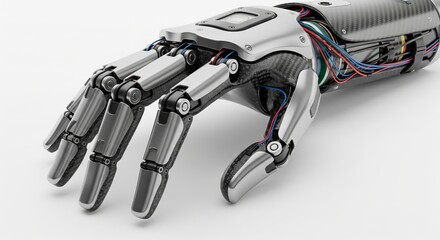 Futuristic robotic hand with wires and carbon fiber design isolated on white background. concept of advanced technology, prosthetic innovation, cybernetic design, white background