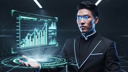 Professional asian trader using an advanced holographic interface to analyze stock market data, tracking financial trends and investment growth in a futuristic virtual reality environment - Powered by Adobe