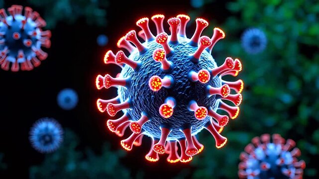 Virus cell with red spikes on blue sphere