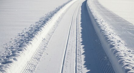 Snowy landscape with cross-country ski track in sunny winter day. concept of skiing, winter sports, outdoor activity