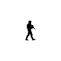 Fototapeta premium A silhouette of a soldier walking with a rifle in a white background, isolated and ready for action