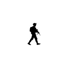 Silhouette of a soldier walking with a rifle on a white background in a simple and minimalist style