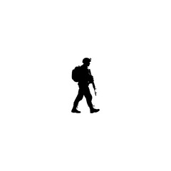 Silhouette of a soldier walking with a rifle and backpack against a plain white background in full gear
