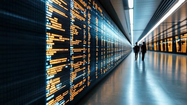 Digital departure board glowing in modern transit hallway with motion blur and dynamic display