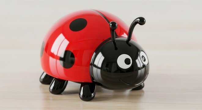 Glossy, stylized insect figurine rests on a light wooden surface with soft lighting