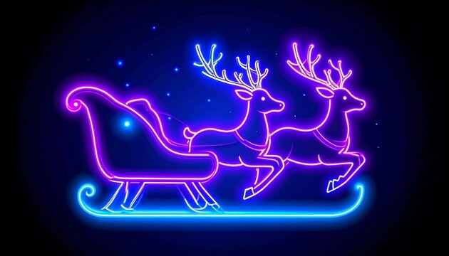 Glowing neon art shows Santa's sleigh led by two reindeer on a dark background, festive and colorful illustration