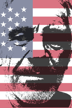 The shadows of power. Jeffrey Epstein's face merged with the distressed American flag, symbolizing the scandal and political controversy of the 'Epstein Files' and elite corruption