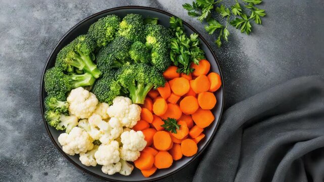 Steamed broccoli cauliflower and carrot medley plated with parsley garnish fresh vegetable steamed