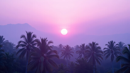 Obraz premium Serene sunset over tropical landscape, featuring palm trees silhouetted against vibrant purple sky. sun casts warm glow, creating tranquil