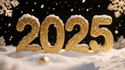 Sparkling golden 2025 new year design with festive snow and magical holiday atmosphere