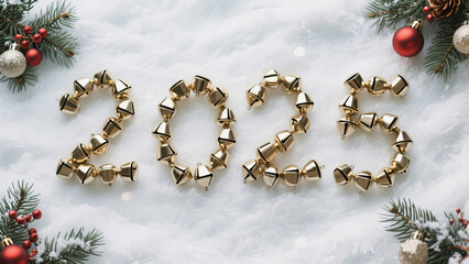 Golden 2025 bells nestled in snow celebrate the vibrant, festive New Year season