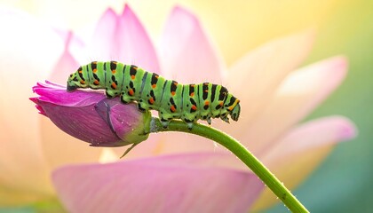 Green caterpillar crawls atop a pink flower bud; blurred flower background creates soft, natural bokeh
