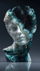 Broken Marble Bust with Mineral Geode and Gold Veins. Generative AI