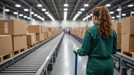 Efficient warehouse worker in green uniform, overseeing boxes on conveyor belt, ensuring smooth operations and productivity