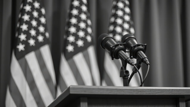 Microphones on podium with American flags in background, symbolizing political event or press conference - Powered by Adobe