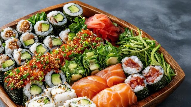 Fresh sushi salmon nigiri roll avocado seaweed assorted rolls spicy garnishes vibrant