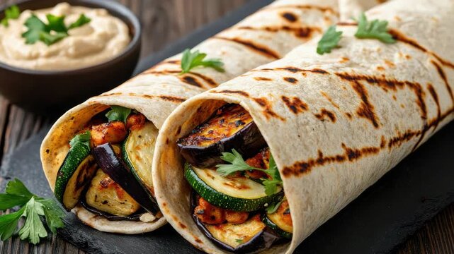 Grilled vegetable wrap with eggplant zucchini hummus chickpea herb creamy parsley delight