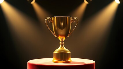 valor. Golden trophy on velvet stand, symbolizing achievement with dramatic lighting and dark ambiance. event key visuals, club posters, designed for fitness apps and gym onboarding.