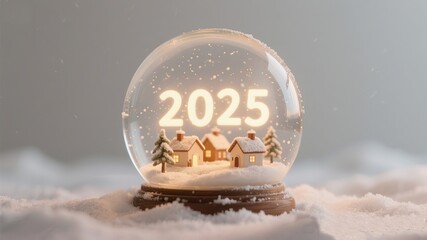 Dreaming of a snowy 2025 with a festive village scene in a glowing snow globe